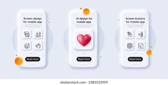 Medical mask, Cpu processor and Settings blueprint line icons pack. 3d phone mockups with heart. Glass smartphone screen. Thoughts, Bromine mineral, Weather thermometer web icon. Vector