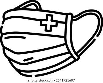 medical mask with a cross suitable for healthcare concepts vector icon outline style, medical websites, pandemic related designs, and health related social media posts.Made in UK 