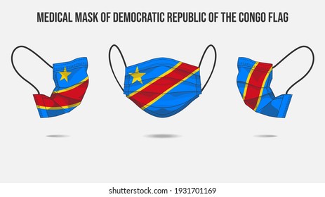 Medical mask from Democratic Republic of the Congo flag. Medical mask design from front side, right side and left side. Vector illustration of medical face mask to protect from Novel corona