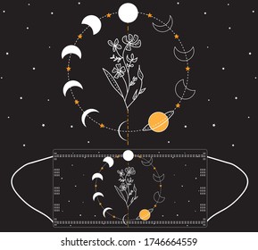 Medical Mask design with astrology ink sketch, space background. Zodiac and planets drawing.