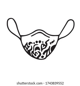 Medical mask with a design pattern. Vector illustration of a protective face mask with a drawing. Doodle image of a protective breathing mask.
