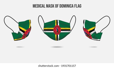 Medical mask from Dominica flag. Medical mask design from front side, right side and left side. Vector illustration of medical face mask to protect from Novel corona virus CoVid-19.