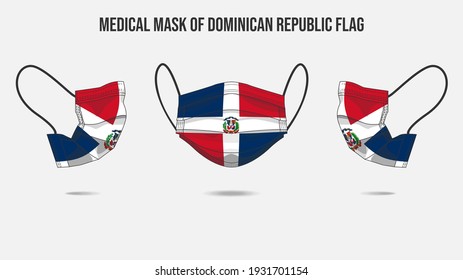 Medical mask from Dominican Republic flag. Medical mask design from front side, right side and left side. Vector illustration of medical face mask to protect from Novel corona virus CoVid-19.