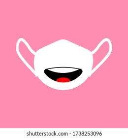 Medical mask with a drawn cheerful mouth. Isolated medical personal protective equipment in cartoon style. The concept of viral protection against corona virus. Vector illustration on background.