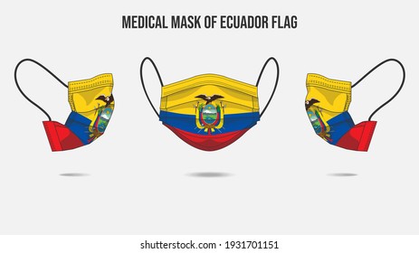 Medical mask from Ecuador flag. Medical mask design from front side, right side and left side. Vector illustration of medical face mask to protect from Novel corona virus CoVid-19.