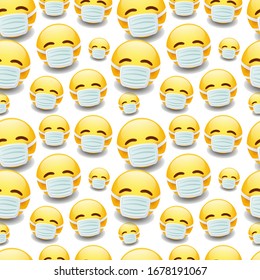 Medical Mask Emoji Pattern. Seamless Background Symbols. Silhouette Emoticon Coronavirus Design Vector.