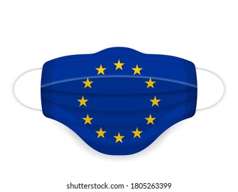 Medizinische Maske EU-Flagge auf weißem Hintergrund. Vektorgrafik.