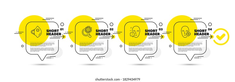 Medical mask, Face attention and Coronavirus research line icons set. Timeline infograph speech bubble. Problem skin sign. Surgical mask, Exclamation mark, Virus test. Facial care. Medical set. Vector