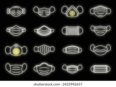 Medical mask flu icons set. Outline set of medical mask flu vector icons neon color on black