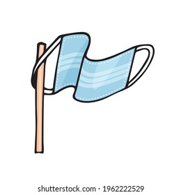 medical mask fluttering in the wind like a white flag, the concept of freedom, asking for help and mercy, used disposable masks as a social problem of environmental pollution