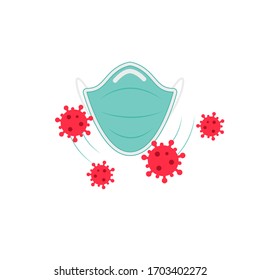 Máscara médica, gérmenes, virus. Ilustración vectorial, diseño plano.