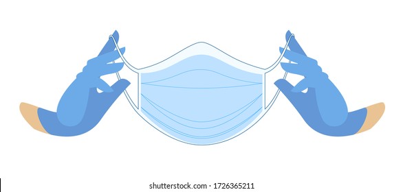 Medical mask in gloved hands. Protective medical face mask against viruses and bacteria. Hands in blue latex gloves. medical care.  professional medical accessories. Vector flat illustration.