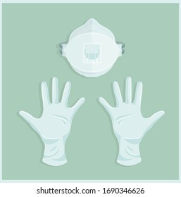 medical Mask and gloves with flat background.