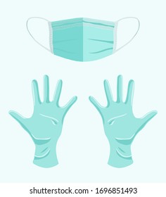 Medical mask and gloves for protection on flat background.