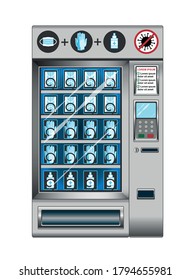 Medical mask, gloves, sanitizer vending machine. Coronavirus Covid-19 preventive protective measure. New normal. Easy to buy the mask in mall, airport and other public places. Vector EPS 10.