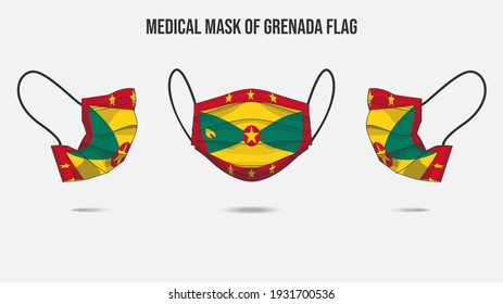 Medical mask from Grenada flag. Medical mask design from front side, right side and left side. Vector illustration of medical face mask to protect from Novel corona virus CoVid-19.