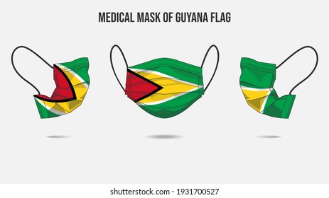 Medical mask from Guyana flag. Medical mask design from front side, right side and left side. Vector illustration of medical face mask to protect from Novel corona virus CoVid-19.