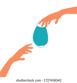Medical mask from hand to hand. Humanitarian medical aid. Vector concept illustration.
