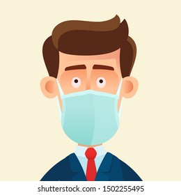 Medical mask. Healthy man in medical protection mask. Caring for health at flu epidemic time. Vector illustration, flat design, cartoon style. Isolated background.