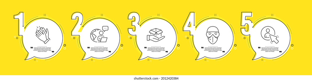 Medical mask, Hold box and User line icons set. Timeline process infograph. Clapping hands sign. Protection glasses, Delivery parcel, Project manager. Clap. People set. Vector