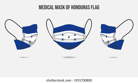 Máscara médica de la bandera de Honduras. Diseño de máscaras médicas desde el lado delantero, el lado derecho y el lado izquierdo. Ilustración vectorial de la máscara facial médica para proteger del virus Novel corona CoVid-19.