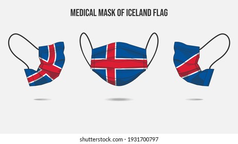 Medical mask from Iceland flag. Medical mask design from front side, right side and left side. Vector illustration of medical face mask to protect from Novel corona virus CoVid-19.