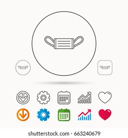 Medical mask icon. Epidemic sign. Illness protection symbol. Calendar, Graph chart and Cogwheel signs. Download and Heart love linear web icons. Vector