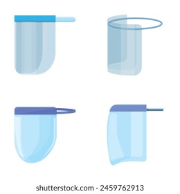 Medical mask icons set cartoon vector. Clear safety shield screen mask for face. Personal protective equipment