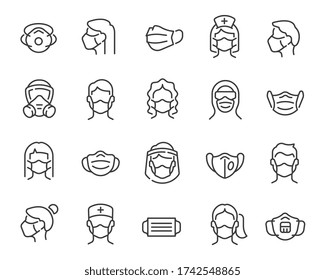 Medical Mask icons set. Collection of linear simple web icons such Different people in Medical masks, Masked people, Doctors in masks, Respirators and others. Editable vector stroke.