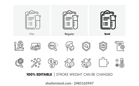 Medical mask, Iodine mineral and Puzzle line icons. Pack of Weather thermometer, Coronavirus research, New products icon. Medical analyzes, Magic wand, Inspect pictogram. Nurse. Line icons. Vector