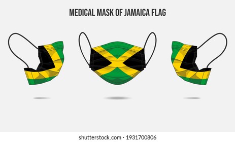 Medical mask from Jamaica flag. Medical mask design from front side, right side and left side. Vector illustration of medical face mask to protect from Novel corona virus CoVid-19.