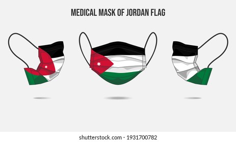 Medical mask from Jordan flag. Medical mask design from front side, right side and left side. Vector illustration of medical face mask to protect from Novel corona virus CoVid-19.