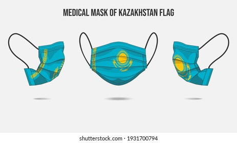 Medical mask from Kazakhstan flag. Medical mask design from front side, right side and left side. Vector illustration of medical face mask to protect from Novel corona virus CoVid-19.