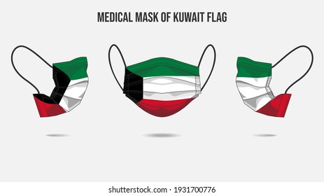 Medical mask from Kuwait flag. Medical mask design from front side, right side and left side. Vector illustration of medical face mask to protect from Novel corona virus CoVid-19.