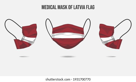 Medical mask from Latvia flag. Medical mask design from front side, right side and left side. Vector illustration of medical face mask to protect from Novel corona virus CoVid-19.
