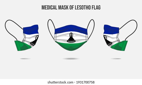 Medical mask from Lesotho flag. Medical mask design from front side, right side and left side. Vector illustration of medical face mask to protect from Novel corona virus CoVid-19.