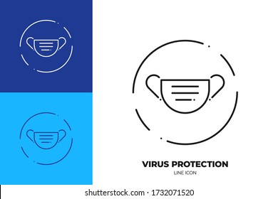 Medical mask line art vector icon. Outline symbol of virus protection equipment. Health care pictogram made of thin stroke. Isolated on background.