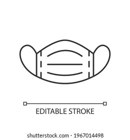 Medical mask linear icon. Protective wear from infection. Caution for biohazard. Doctor wear. Thin line customizable illustration. Contour symbol. Vector isolated outline drawing. Editable stroke