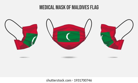 Medical mask from Maldives flag. Medical mask design from front side, right side and left side. Vector illustration of medical face mask to protect from Novel corona virus CoVid-19.