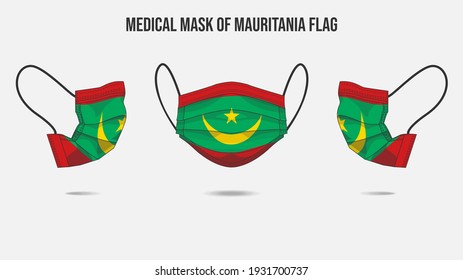 Medical mask from Mauritania flag. Medical mask design from front side, right side and left side. Vector illustration of medical face mask to protect from Novel corona virus CoVid-19.