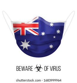 Medical Mask with National Flag of Australia. Protective Mask Virus and Flu. Surgery Concept of Health Care Problems and Fight Novel Coronavirus (2019-nCoV) in Form of Australian flag