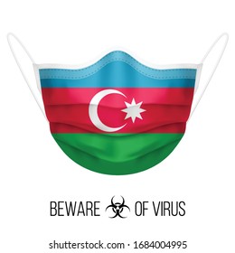 Medical Mask with National Flag of Azerbaijan. Protective Mask Virus and Flu. Surgery Concept of Health Care Problems and Fight Novel Coronavirus (2019-nCoV) in Form of Azerbaijanian flag
