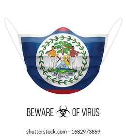 Medical Mask with National Flag of Belize as Icon on White. Protective Mask Virus and Flu. Surgery Concept of Health Care Problems and Fight Novel Coronavirus (2019-nCoV) in Form of Belizean flag