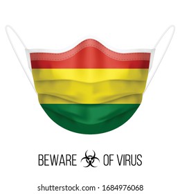 Medical Mask with National Flag of Bolivia as Icon on White. Protective Mask Virus and Flu. Surgery Concept of Health Care Problems and Fight Novel Coronavirus (2019-nCoV) in Form of Bolivian flag