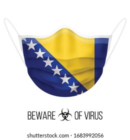 Medical Mask with National Flag of Bosnia and Herzegovina. Protective Mask Virus and Flu. Surgery Concept of Health Care Problems and Fight Novel Coronavirus (2019-nCoV) in Form of flag colors