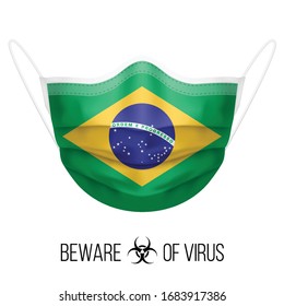 Máscara médica con bandera nacional de Brasil como ícono en blanco. Virus de la máscara de protección y gripe. Concepto de cirugía de problemas de salud y lucha contra el coronavirus novedoso (2019-nCoV) en forma de bandera brasileña