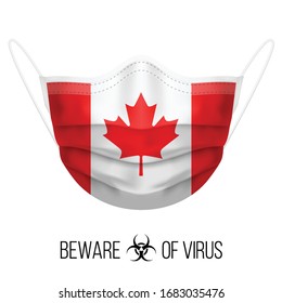 Medical Mask with National Flag of Canada as Icon on White. Protective Mask Virus and Flu. Surgery Concept of Health Care Problems and Fight Novel Coronavirus (2019-nCoV) in Form of Canadian flag