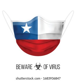 Medical Mask with National Flag of Chile as Icon on White. Protective Mask Virus and Flu. Surgery Concept of Health Care Problems and Fight Novel Coronavirus (2019-nCoV) in Form of Chilean flag