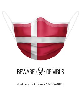 Medical Mask with National Flag of Denmark as Icon on White. Protective Mask Virus and Flu. Surgery Concept of Health Care Problems and Fight Novel Coronavirus (2019-nCoV) in Form of Danish flag