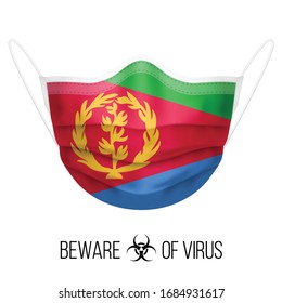 Medical Mask with National Flag of Eritrea as Icon on White. Protective Mask Virus and Flu. Surgery Concept of Health Care Problems and Fight Novel Coronavirus (2019-nCoV) in Form of Eritrean flag